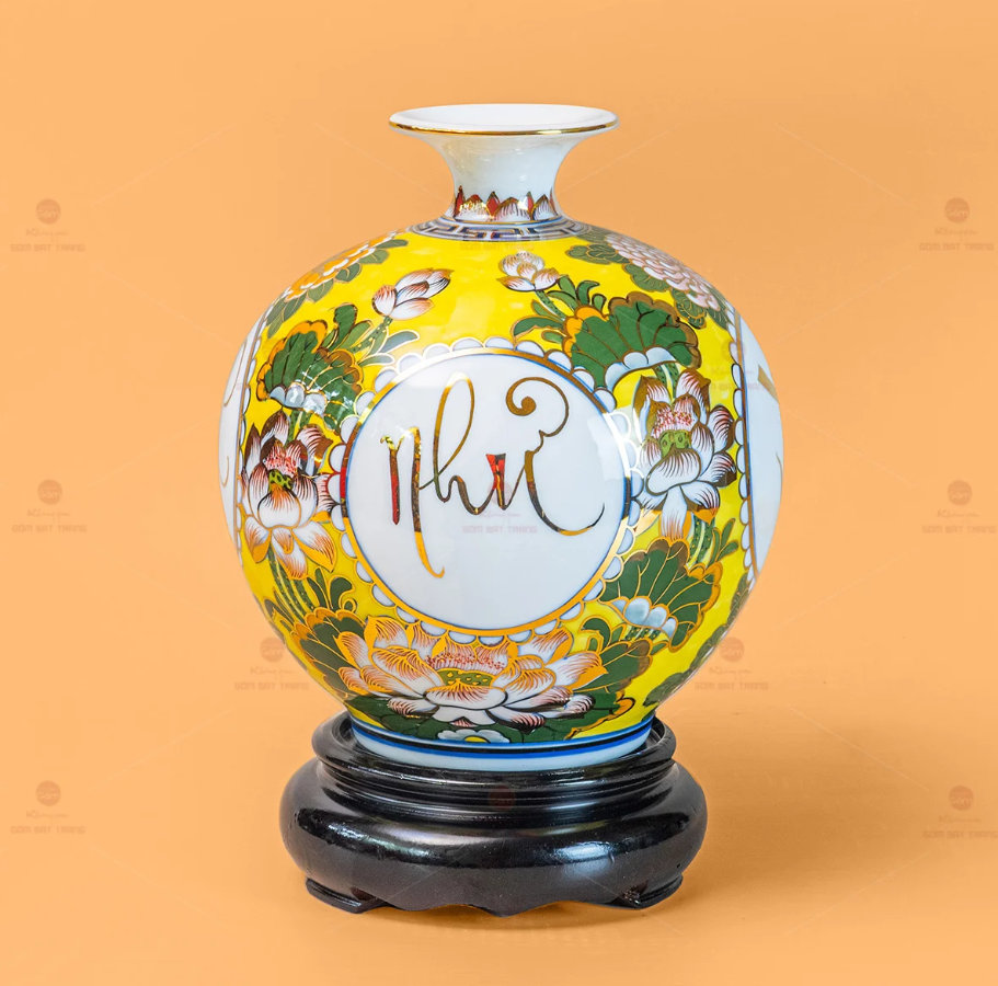 Bình Hút Tài Lộc Vạn Sự Như Ý Gốm Bát Tràng Vẽ Vàng 24K